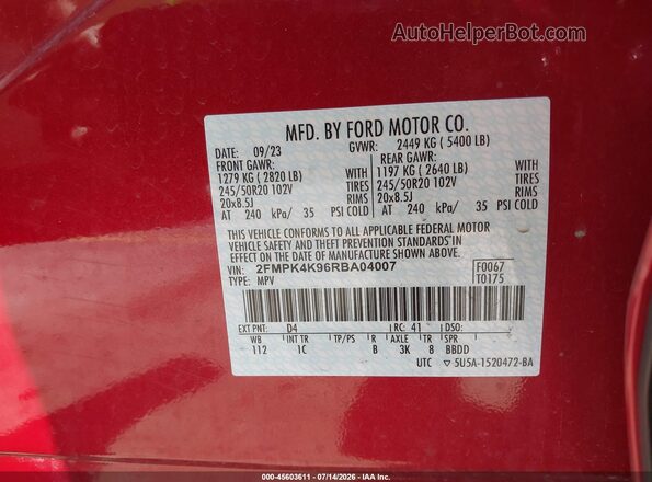 2FMPK4K96RBA04007 2024 FORD EDGE Red Engine compartment view