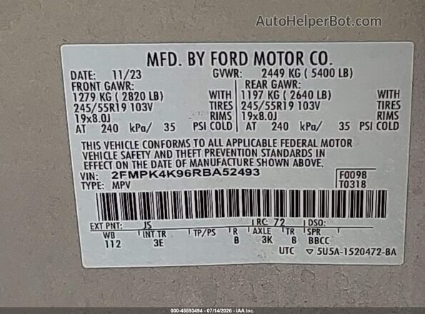 2FMPK4K96RBA52493 2024 FORD EDGE Silver Widok komory silnika