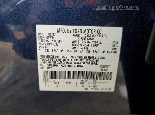 2FMPK4K97HBB29094 2017 FORD EDGE Blue VIN կոդի պիտակի տեսք