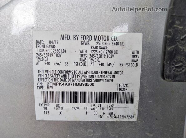 2FMPK4K97HBB98500 2017 FORD EDGE Silver VIN კოდის სტიკერის ხედი