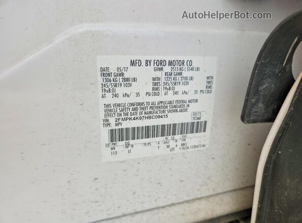 2FMPK4K97HBC09415 2017 FORD EDGE White ძრავის განყოფილების ხედი