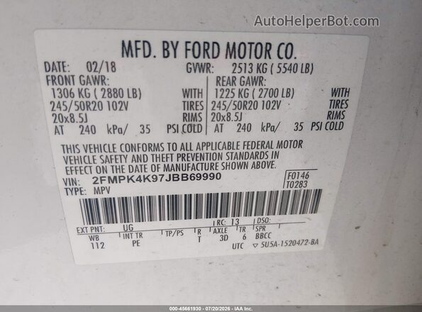 2FMPK4K97JBB69990 2018 FORD EDGE White Vista del compartimento del motor