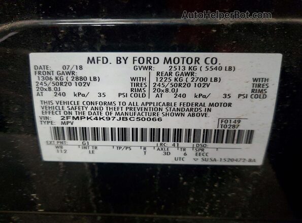 2FMPK4K97JBC50066 2018 FORD EDGE Black Widok naklejki z numerem VIN
