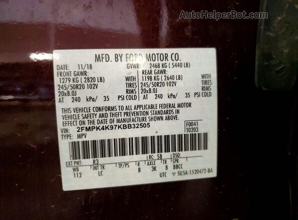 2FMPK4K97KBB32505 2019 FORD EDGE Burgundy სალონის 360-გრადუსიანი ხედი