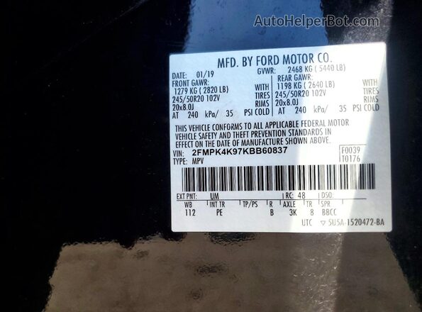 2FMPK4K97KBB60837 2019 FORD EDGE Black VIN კოდის სტიკერის ხედი