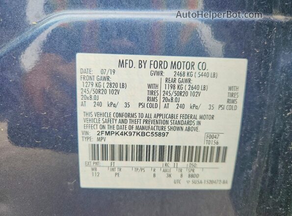 2FMPK4K97KBC55897 2019 FORD EDGE Blue Vista del compartimento del motor