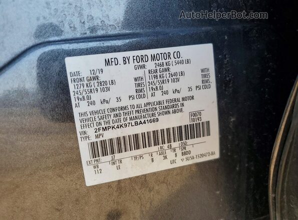 2FMPK4K97LBA41669 2020 FORD EDGE Gray Вид підкапотного простору