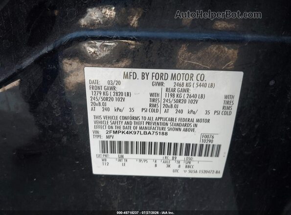 2FMPK4K97LBA75188 2020 FORD EDGE Black Engine compartment view