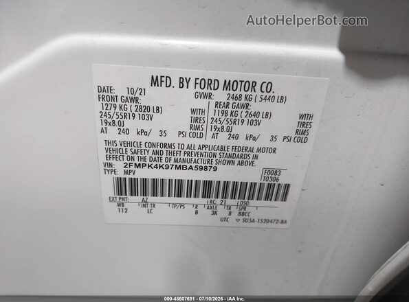 2FMPK4K97MBA59879 2021 FORD EDGE White Вид підкапотного простору