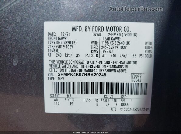 2FMPK4K97NBA29248 2022 FORD EDGE Серый Вид подкапотного пространства