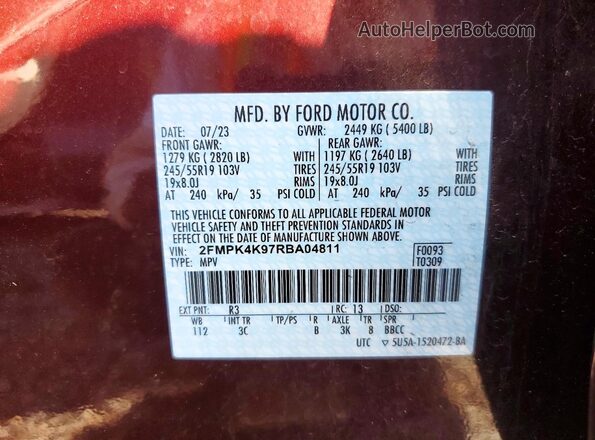 2FMPK4K97RBA04811 2024 FORD EDGE Maroon 360 interior view
