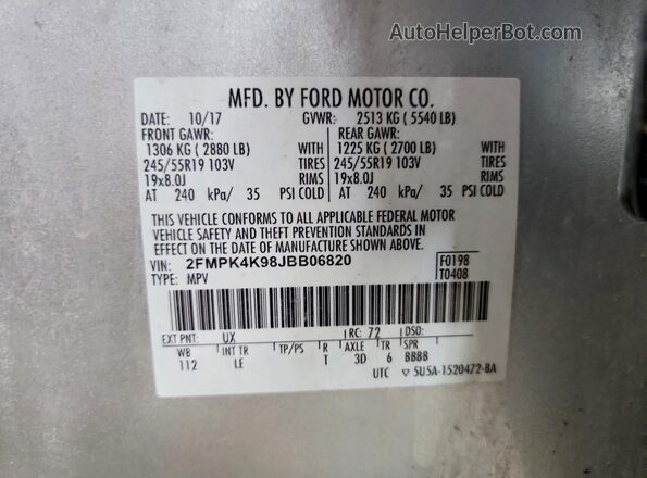 2FMPK4K98JBB06820 2018 FORD EDGE Silver VIN sticker view