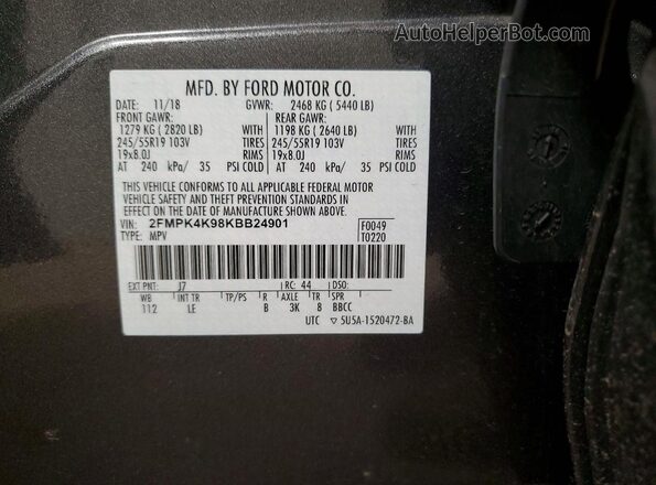 2FMPK4K98KBB24901 2019 FORD EDGE Серый Панорамный вид салона 360°