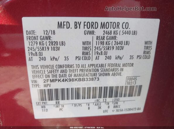 2FMPK4K98KBB33873 2019 FORD EDGE Красный Вид подкапотного пространства