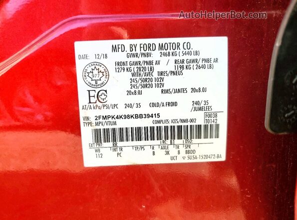 2FMPK4K98KBB39415 2019 FORD EDGE Red Engine compartment view