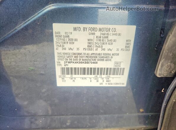 2FMPK4K98KBB70468 2019 FORD EDGE Blue Widok naklejki z numerem VIN