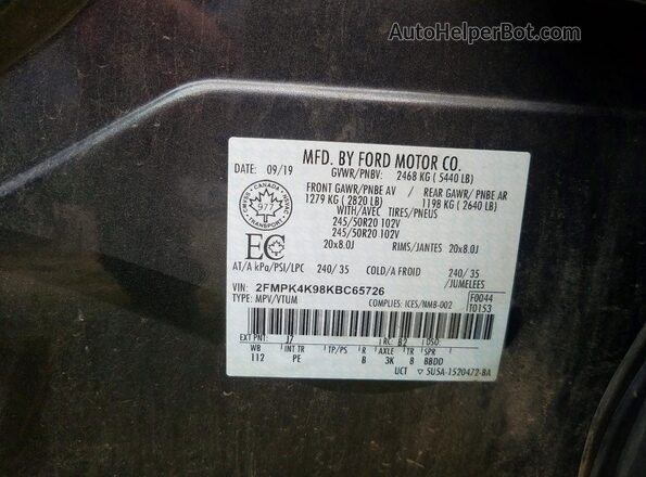 2FMPK4K98KBC65726 2019 FORD EDGE Charcoal Vista de la etiqueta del VIN
