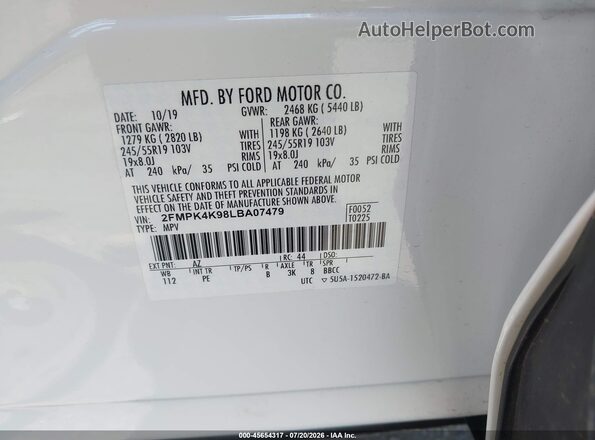 2FMPK4K98LBA07479 2020 FORD EDGE White Engine compartment view