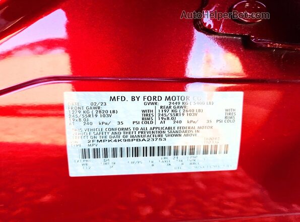 2FMPK4K98PBA23753 2023 FORD EDGE Red Vista de la etiqueta del VIN