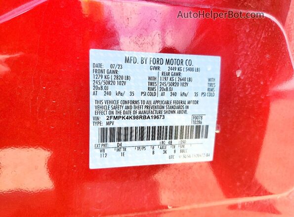 2FMPK4K98RBA19673 2024 FORD EDGE Red VIN კოდის სტიკერის ხედი