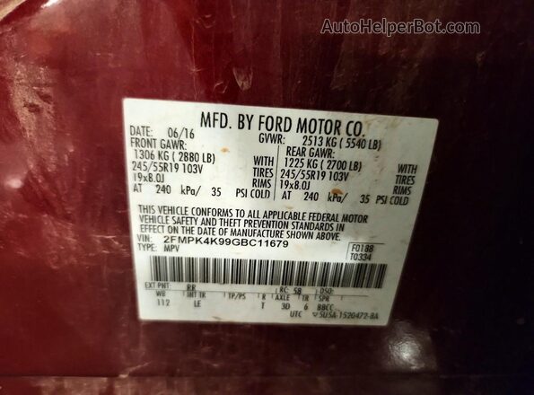 2FMPK4K99GBC11679 2016 FORD EDGE Красный Панорамный вид салона 360°