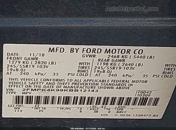 2FMPK4K99KBB12143 2019 FORD EDGE Синий Вид подкапотного пространства