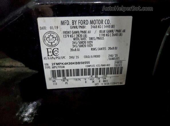 2FMPK4K99KBB58555 2019 FORD EDGE Black Vista de la etiqueta del VIN