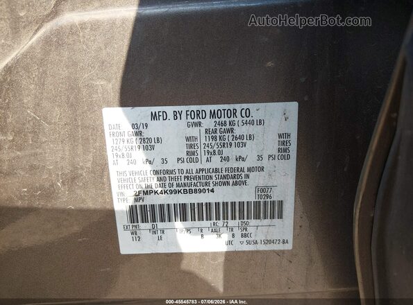 2FMPK4K99KBB89014 2019 FORD EDGE Gray Շարժիչի բաժամունքի տեսք