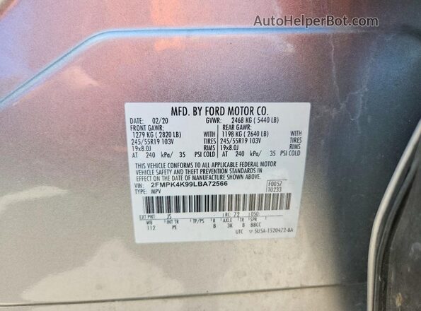 2FMPK4K99LBA72566 2020 FORD EDGE Silver VIN კოდის სტიკერის ხედი