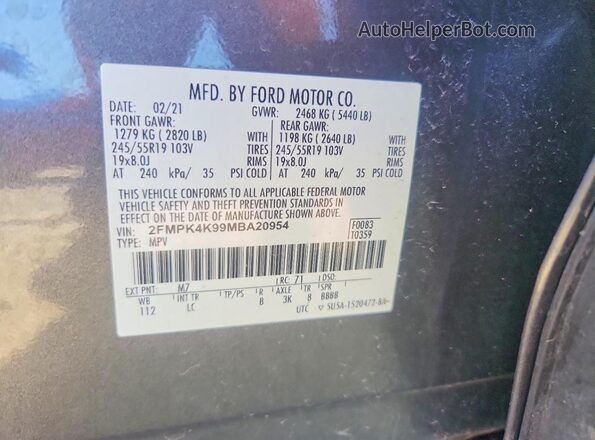2FMPK4K99MBA20954 2021 FORD EDGE Gray VIN კოდის სტიკერის ხედი