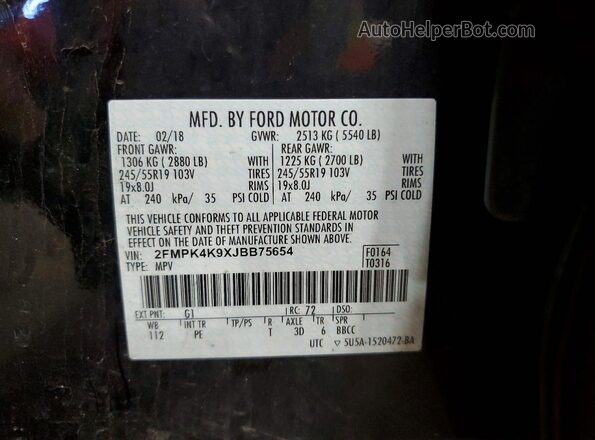 2FMPK4K9XJBB75654 2018 FORD EDGE Black Widok wnętrza 360 stopni