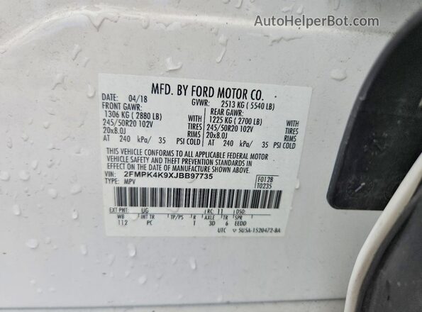 2FMPK4K9XJBB97735 2018 FORD EDGE White Widok naklejki z numerem VIN