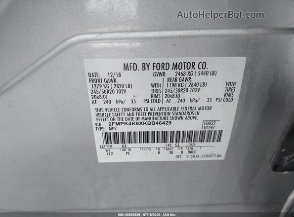 2FMPK4K9XKBB46429 2019 FORD EDGE Silver Vista del compartimento del motor