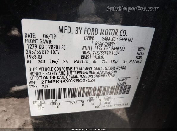 2FMPK4K9XKBC37524 2019 FORD EDGE Black ძრავის განყოფილების ხედი
