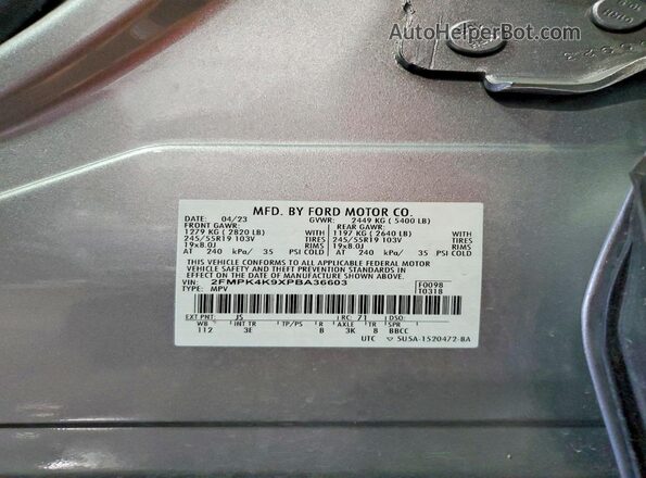 2FMPK4K9XPBA36603 2023 FORD EDGE Silver Vista de la etiqueta del VIN