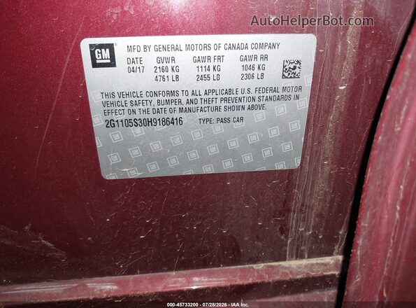2G1105S30H9186416 2017 CHEVROLET IMPALA Maroon Vista del compartimento del motor