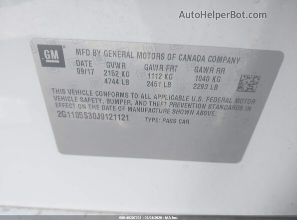 2G1105S30J9121121 2018 CHEVROLET IMPALA White Շարժիչի բաժամունքի տեսք
