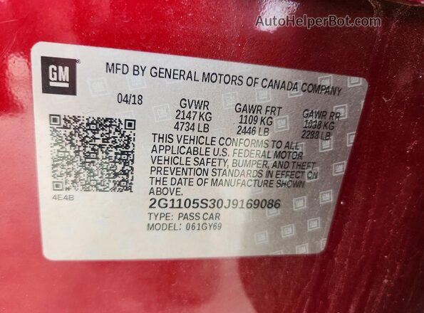 2G1105S30J9169086 2018 CHEVROLET IMPALA Red Engine compartment view