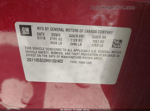 2G1105S32H9102483 2017 CHEVROLET IMPALA Maroon Вид підкапотного простору
