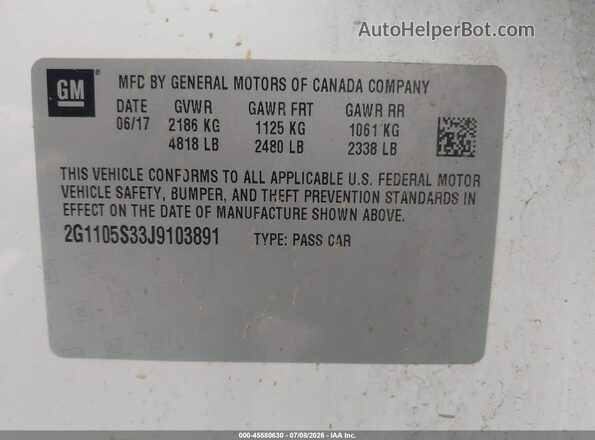 2G1105S33J9103891 2018 CHEVROLET IMPALA White Вид підкапотного простору