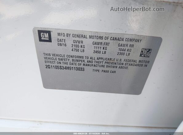 2G1105S34H9113033 2017 CHEVROLET IMPALA White ძრავის განყოფილების ხედი