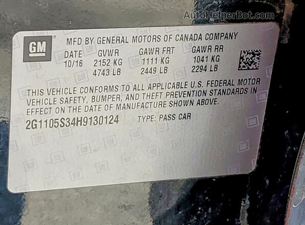 2G1105S34H9130124 2017 CHEVROLET IMPALA Black Вид наклейки з VIN-кодом