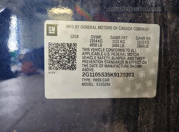 2G1105S35K9130303 2019 CHEVROLET IMPALA Blue Вид підкапотного простору
