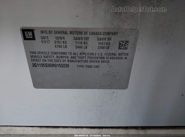 2G1105S36H9159236 2017 CHEVROLET IMPALA White Вид підкапотного простору