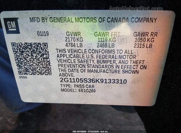 2G1105S36K9133310 2019 CHEVROLET IMPALA Black Вид підкапотного простору