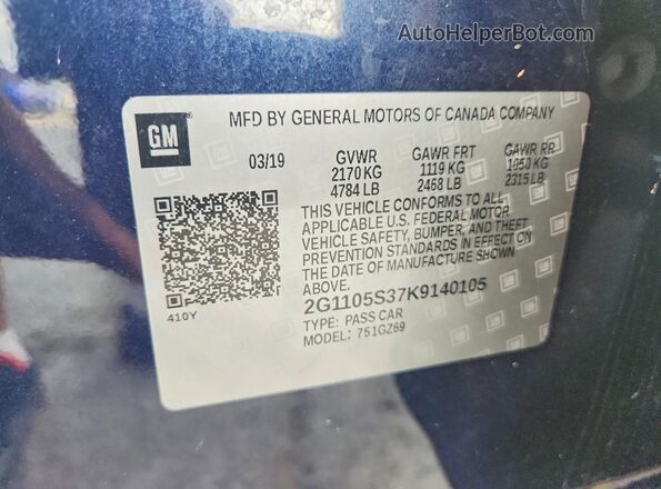2G1105S37K9140105 2019 CHEVROLET IMPALA Blue Vista del compartimento del motor