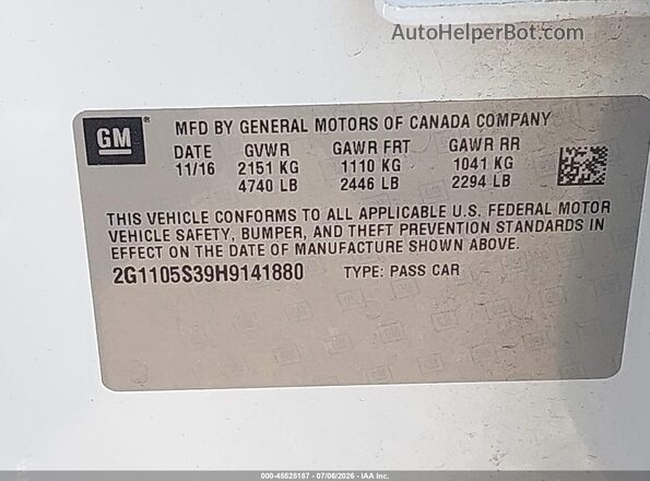 2G1105S39H9141880 2017 CHEVROLET IMPALA White Engine compartment view