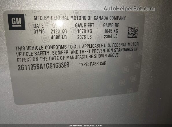 2G1105SA1G9163398 2016 CHEVROLET IMPALA Silver Vista del compartimento del motor