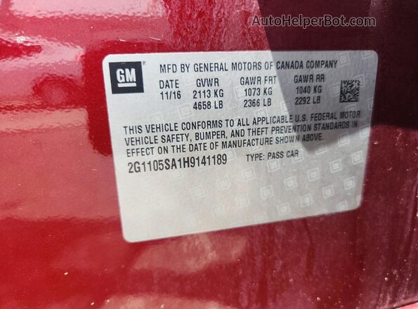 2G1105SA1H9141189 2017 CHEVROLET IMPALA Burgundy VIN կոդի պիտակի տեսք