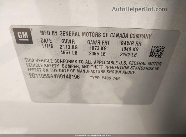 2G1105SA4H9140196 2017 CHEVROLET IMPALA Silver Vista del compartimento del motor